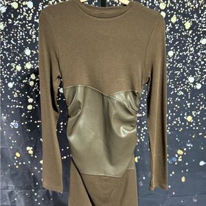 Commense Brown Long Sleeve Dress with Faux Leather Detail Dress M NWT
